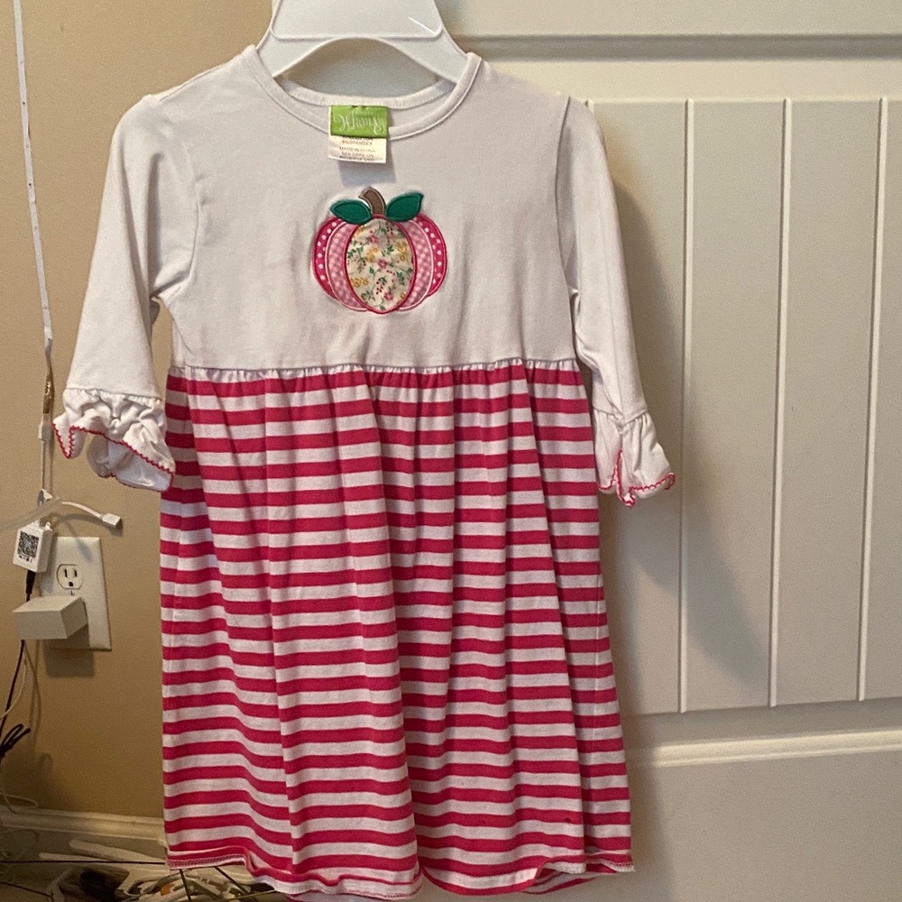 Striped Pink and White Dress with Apple Design